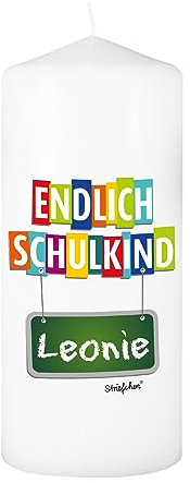 Striefchen® Kerze zur Einschulung - Endlich Schulkind - mit Gratis Beschriftung des Namens 150/67mm Brenndauer ca. 45 h