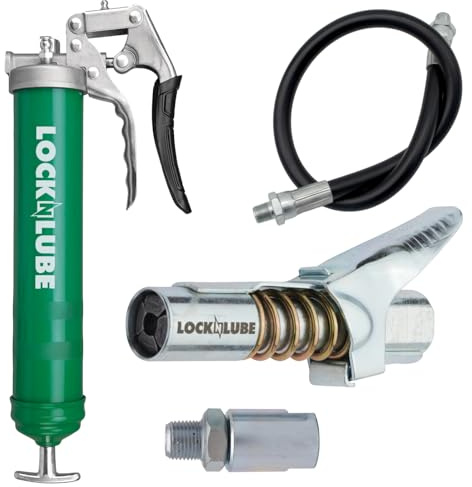 LockNLube Heavy-Duty Pistol Grip Grease Gun. Includes our patented LockNLube® Grease Coupler (Locks On, Stays On, Won't Leak!) plus a high-quality 20 hose and in-line hose swivel
