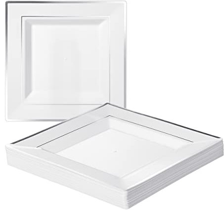 MATANA 20 Weiße Plastikteller mit Silbernem Rand (Eckig, 24cm) - Mehrweg Kunststoffteller, Partyteller für Hochzeiten, Geburtstage, Partys - Elegantes & Stabiles Partygeschirr