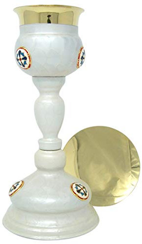 Juego de cáliz y paten de latón y esmalte blanco para suministros de iglesia, 11 pulgadas