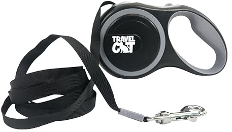 Travel Cat Retractable Expandable Leash - Black 10 Ft Long Strong Tape, Release/Lock Button and Anti-Slip Handle for Small to Large Cats - Light Pet Leash for Walking, Training