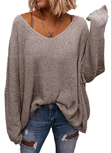 BZB Women's V Neck Long Sleeve Knit Loose Oversized Pullover Sweater Apricot
