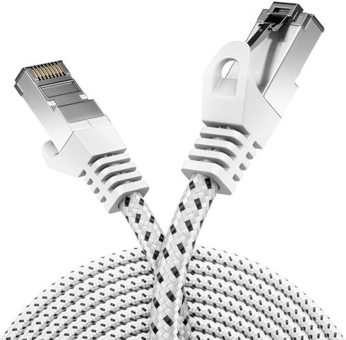 deleyCON 15m Câble LAN CAT7 - Câble Réseau avec Veste en Cuivre & Nylon - AWG27 600 Mhz 10 Gbit/s S-FTP (PIMF) RJ45 Câble de Brassage Câble Ethernet pour Les Routeurs Internet DSL - Blanc