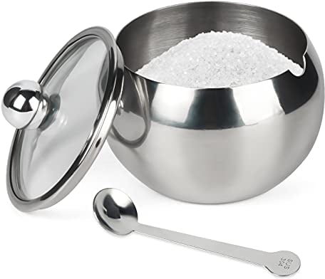 ASIKA Sugar Bowl, Stainless Steel Sugar Pot with Clear Lid and Spoon, Drum Shape Small Condiment Container for Home and Kitchen, 8.1 Ounces(240 Milliliter)