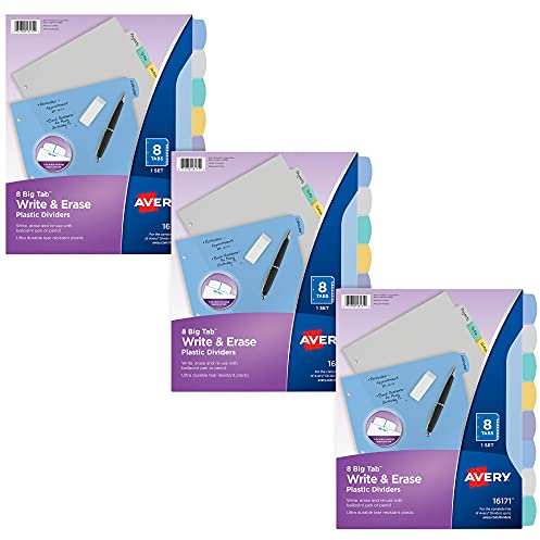 Avery Big Tab 31351 Schreib- und Löschkarton-Trennblätter aus robustem Kunststoff für 3 Ringbücher, 8 Register-Sets, pastellfarben, mehrfarbig, 3 Binder-Teiler-Sets