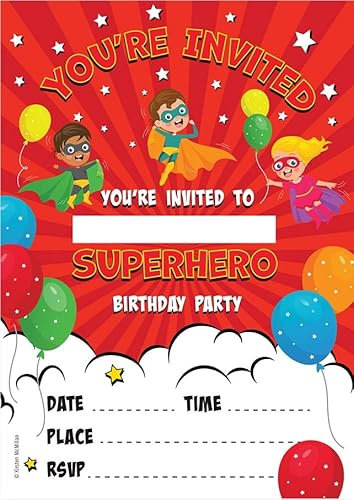 Kirsten McMillan 32 Comic Birthday Party Invitations for Kids with Envelopes - Pack of 32 Comic Party Invites for Girls & Boys - Designed and Printed in the UK