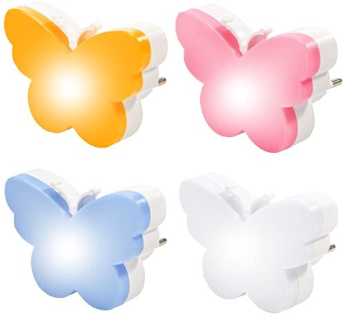 Pipihome Nachtlicht Steckdose mit Dämmerungssensor & Automatisches Dimmbar, 4 Stück Orientierungslicht LED Nachtlicht Baby Lampe für Kinderzimmer, Treppe, Flur, Küche, Schlafzimmer (Schmetterling)