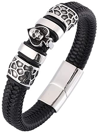 Wycian Armbänder Herren Edelstahl Totenkopf, Armbänder für Herren Pik Schädel Geflochtenes Lederarmband Silber 20.5CM Rostfreier Stahl für Männer Frauen