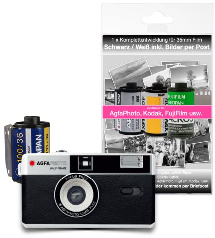 AgfaPhoto - Fotocamera analogica da 35 mm, formato 1/2, in set con pellicola negativa in bianco e nero, batteria + negativo + sviluppo di immagini per posta