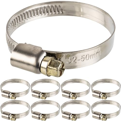 Schlauchschellen mit Schneckenantrieb, 8 Stück, Spannbereich Ø 32-50 mm, für 1 1/2 Schläuche, W2 Edelstahl, Kreuzschlitz SW 7, 9 mm Bandbreite, Fixierung von Waschmaschine, Spülmaschine Anschluss