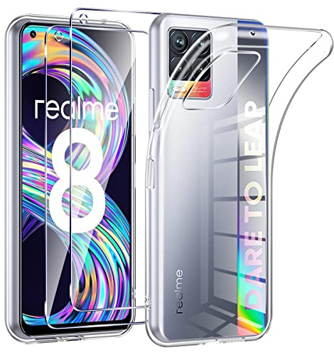 Phoona Funda para OPPO Realme 8/Realme 8 Pro 4G Carcasa con 2 Piezas Cristal Templado,Transparente Silicona TPU Protección Funda para Realme 8 4G Anti-Choques y Anti-Arañazos Caso