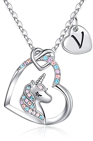 TINGN Einhorn Geschenke für Mädchen Herz Kette, 14 Karat Weißgold Vergoldeter Einhorn Anhänger Kette mit Buchstaben Einhorn Halskette Initiale V Kette Mädchen Einhorn Geschenke für Mädchen Schmuck