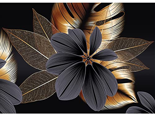 QENSPE Diamond Painting Schwarze Blume Diamant Painting Bilder 5D Diamond Painting Erwachsene Goldene Blätter Full Diamant Bilder Malerei Stickerei Set Kreuzstich Bilder Home Wand Dekor 30x40cm