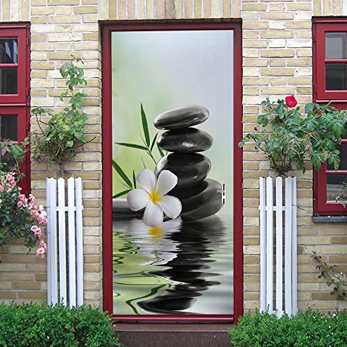 stickers porte de douche 85x215cm(33.46 inches * 84.64 inches)Pierre bambou fleur Autocollants de porte 3d, PVC Auto-adhésifs Sticker Porte, Poster de porte Décoration Maison, Salon, Cuisine, Chambre,