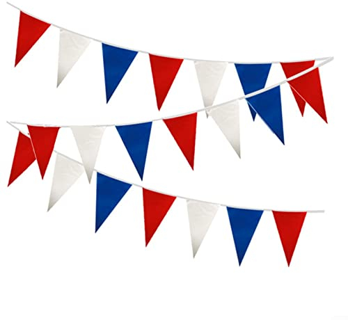 HpLive 10,8m Wimpelkette, Wiederverwendbare 25 Fahnen Dreiecksflaggen, Farbige Flagge Wetterfest wasserdichte Wimpelkette, für Outdoor Banner Deko Party, rot-weiß-Blaue Trikolore