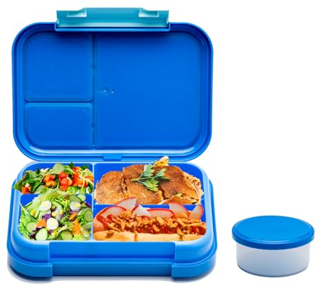 Sodwot Brotdose Kinder mit Fächern,Bento Box Kinder, Lunchbox mit 4 Fächern und Saucenbox, BPA Frei Auslaufsicher Brotbox,für Kindergarten, Schule, Ausflüge(Blau)