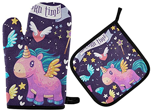 Gants De Cuisine Et Maniques Licorne Mignonne À Motif Bleu Foncé Maniques Imperméable Gant Cuisine avec Maniques Gant Barbecue pour Barbecue Cadeaux Grillade