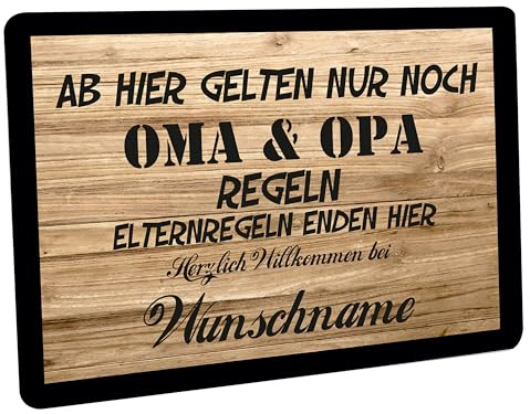 Crealuxe Fussmatte Wunschtext/Wunschname Ab Hier gelten nur noch Oma u. Opa Regeln - personalisiert, Fußabtreter, Fußabstreifer für die Haustür, Fußmatte rutschfest (Holz)