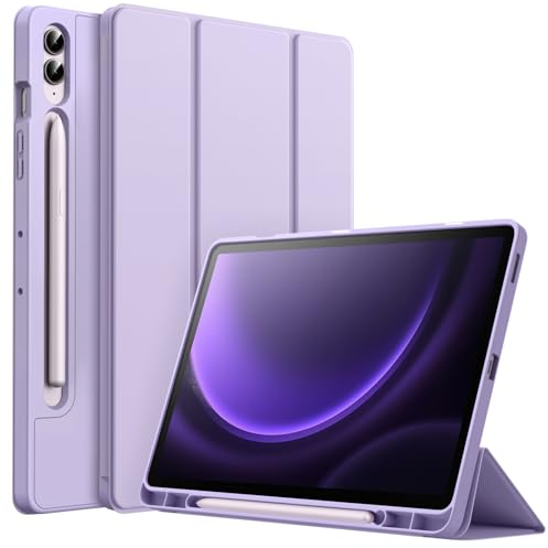 JETech Coque pour Samsung Galaxy Tab S9 FE+ / S9 FE Plus 12,4 Pouces avec S Pen Porte-Stylet, Tablette Étui Housse de TPU Souple à Trois Volets Support, Soutien Chargement du S Pen (Violet Clair)