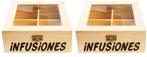 Tradineur - Pack de 2 Cajas de Madera infusiones con 4 Compartimentos 6.4 x 15.8 x 14 cm. Caja, Cofre para Decorar con Tapa, almacenaje té, café