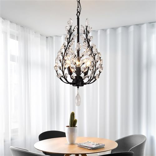 Leomix Vintage K9 Kristall-Kronleuchter, Schwarz, 3 Lichter, Kristall-Pendelleuchte, Moderne Kronleuchter Für Esszimmer, Deckenleuchten Für Wohnzimmer, Schlafzimmer, Restaurant, Veranda