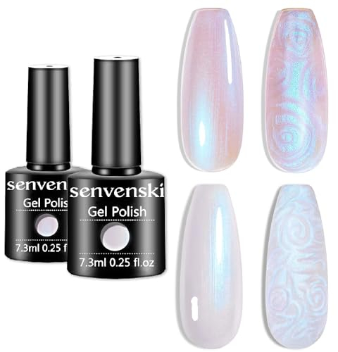 Senvenski Perle Vernis Semi Permanent, Blanc Rose Opale La sirène Vernis à Ongles Aurora Brillant Holographique Gift Set UV LED Art Varnish Kit pour French Manucure (CS2-012)