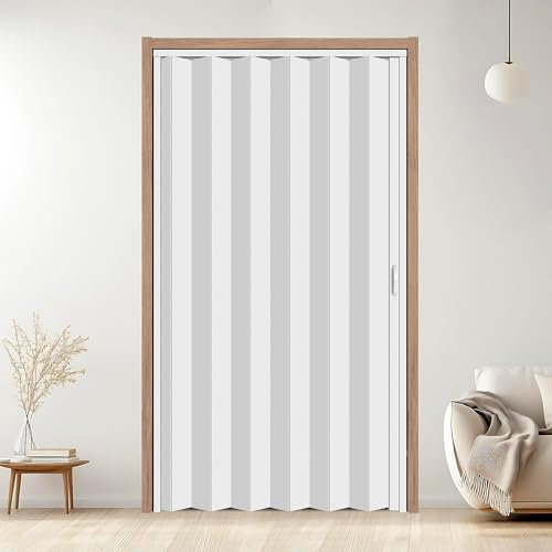 CCBOYSHARDWARE Puerta de acordeón de PVC de 122 x 203 cm, puertas correderas plegables con cerradura, puerta divisora con instalación sencilla y accesorios, color blanco