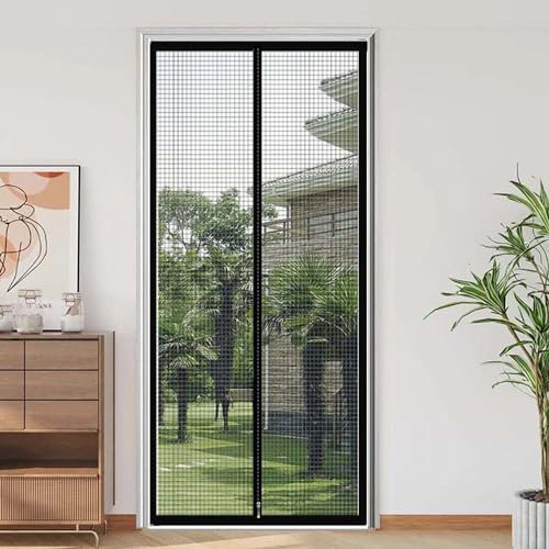 Custom Size Cat Screen Door, Heavy Duty Bug Mesh Curtain Keep Cat in Insects Out Mosquito Door for Balcony Sliding Living Room Children's Room with Zipper, Without Drilling (Black)