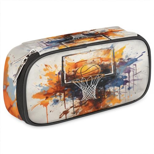 eurwhj Federmäppchen für Mädchen und Jungen, Aquarell-Basketball-Federmäppchen für Kinder, Teenager, Federmäppchen, Reißverschluss, PU-Leder, Stifte-Organizer, Schule, Stiftebox, Marker-Etui, Schwarz