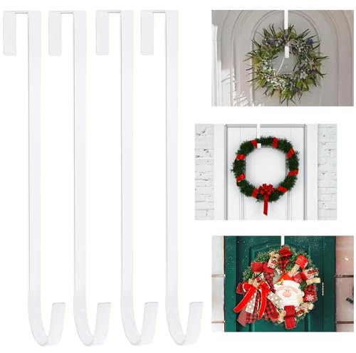 PECULA 4 Pack 14” Wreath Hangers for Front Door, Wreath Door Hanger 40lb Load-Bearing, Metal Wreath Hanger for Welcome Sign, Door Wreath Hanger for Christmas Halloween Easter Decoration (White)