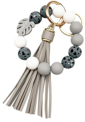 Silicone Bead Keychain Bracelet, Beaded Keyring Wristlet for Women Girls House Car Keys with Leather Tassel Monstera Charm, Grey, S