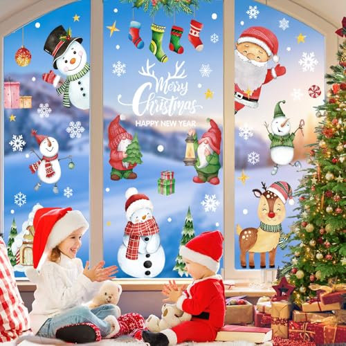 Aonveki Stickers Decoration Noel Fenetre Aquarelle, 10 Feuilles Autocollant Noel Fenetre Réutilisables, Double Face Electrostatique Stickers Vitre pour Decoration Noel Interieur Maison