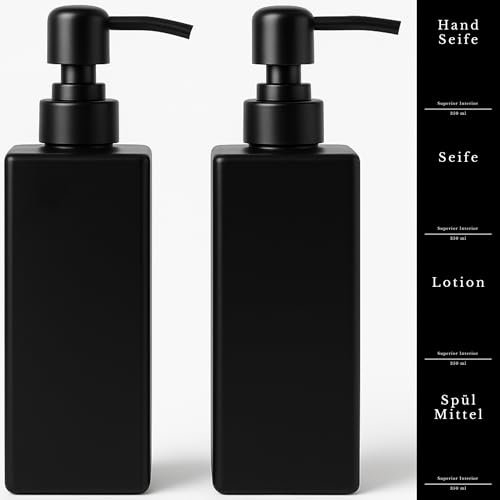 Seifenspender Glas schwarz matt 2 Stück, 350ml mit Edelstahlpumpe - Spülmittelspender für Küche - Seifenspender für Bad mit Wasserdichten Etiketten (Set mit Edelstahlspender)