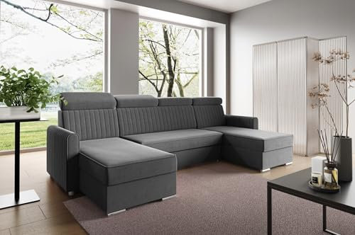 LIKMA Graphit Ecksofa Neli U-Form 274x162 cm mit Schlaffunktion (254x125 cm) Eckcouch mit Bettkasten und Verstellbare Kopfstützen Wohnlandschaft Bettsofa mit 2X Stauraum Polstermöbel Sofa