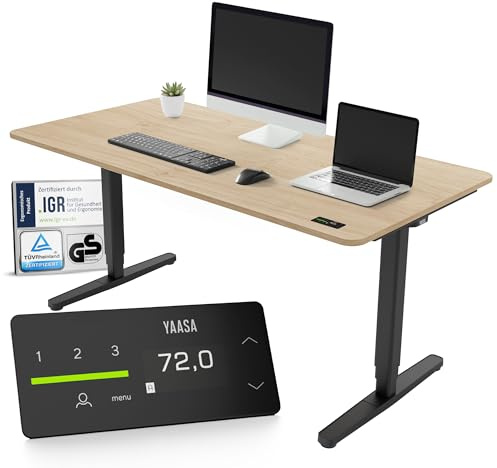 Yaasa Desk Pro 140x80cm, Schreibtisch höhenverstellbar für Büro, Stehtisch | Abgerundete Tischplatte mit integriertem ErgoTouch-Handschalter: 9 Memory-Positionen, Automatikfahrt, Schreibtisch für Büro
