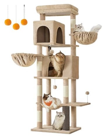 Feandrea Árbol Grande para Gatos, Torre para Arañar de 175 cm de Altura, Multinivel con 2 Cuevas, 2 Cestas, 5 Rascadores, Alfombra, Plataforma, Hamaca, Marrón Camello PCT182K01