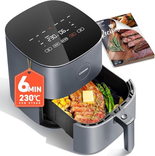 COSORI Air Fryer 9 Programmes,Capacité Compacte 4.7L, Pour Les Amateurs de Viande,130+Recettes livres et Lignes,Peu ou Pas d'Huile,Nettoyage Facile, Gris