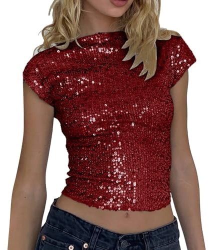 Damen-Tanktop mit Glitzer-Pailletten Pailletten Top Rückenfrei Schimmernd Camisole Top Kurzes Glitzertop Modisches Schmales T-Shirt für Damen und Mädchen Party Outfit Kostüm Karneval