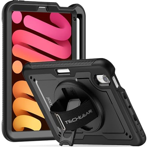 TECHGEAR JOLT-SHELL Case for Apple iPad Mini 7 / Mini 6 8.3 [7th / 6th Generation] Tough Rugged HEAVY DUTY Slim Shockproof Case with 360 Rotating Stand & Hand Strap Case - Black