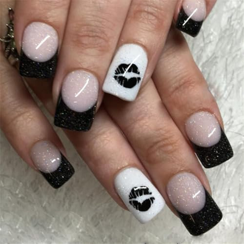 Chenxi Studio Square Press On Nails Kiss Glitters Fake Nails Glues On Nails Artificial Acrylic Nails 24pcs Stick On Nails for Women