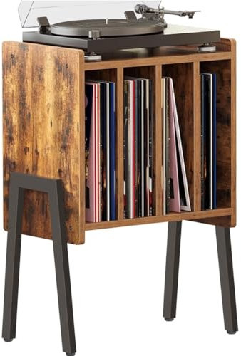 ACAZA Vinylmöbel Plattenspielertisch – Ständer für Plattenspieler und Schallplatten mit 4 Fächern – 66 x 40 x 30cm – Holz und Metall – (Vintage Braun)