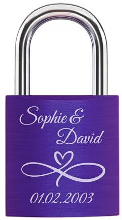mtb more energy Graviertes Liebesschloss, frei gestaltbar mit vielen Farben, Motiven & Schriftarten - personalisiertes Liebes-Schloss Vorhängeschloss - individuelles Pärchen-Geschenk - Lila