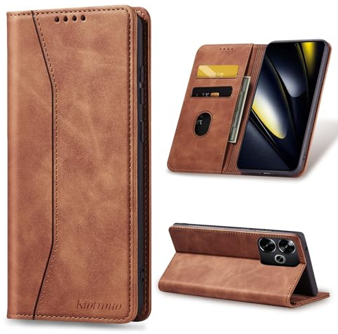 KIOTROUO Funda para Xiaomi Poco F6, Carcasa de Cuero PU con Ranura para Tarjetas, Protectora Tarjetas, Soporte Plegable, Cierre Magnético, Libro Tipo Flip Case para PocoF6, Marrón