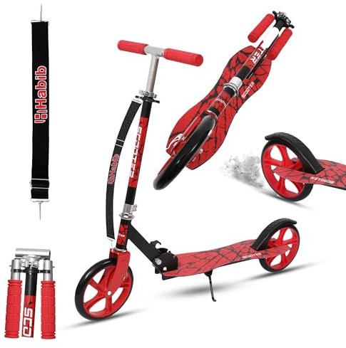 Habib Gruppe Kickroller Kinderroller – Klappbar, 4-Stufig Höhenverstellbar, XXL Räder, bis 80kg Belastbar, Tretroller Kickscooter Cityroller für Groß und Klein - Rot