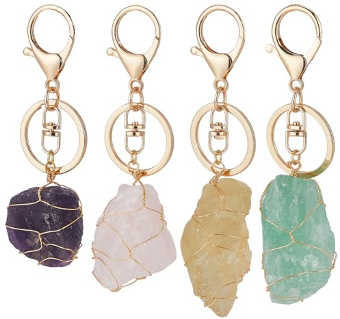 FINGERINSPIRE 4 Porte Clés en Alliage Naturel Avec Cristaux Porte Clés en Pierre Précieuse Brute Irrégulière Enroulée de Fil Améthyste Quartz Rose Fluorite Citrine Cristal pour Femmes et Hommes Cadeau