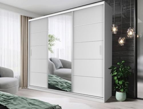 AOF-IBIZA Sliding Mirror Door Wardrobe – Modern Bedroom Closet with Shelves, Hanging Rails & Drawers – Available in 100–120-150-180-203 and 250cm – White, Grey, Oak, or Black (White, 250cm)