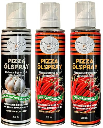 Ölspray 3er Set Chili & Knoblauch – 3x200ml Rapsöl – für Heißluftfritteuse, Airfryer, Grill & Pfanne – kalorienarm kochen & braten, auch für Pizza und Salat. KitchenCrazy SUPER SALE!!!
