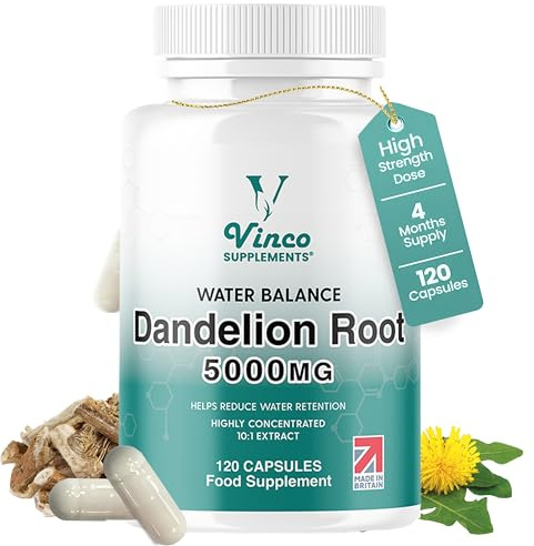 Vinco Dandelion Root Capsules 5000mg - 120 Vegan Capsules (4-Month Supply) - High Strength Herbal Supplement for Bloating & Detox - Water Retention Tablets - Natural Water Balance Support