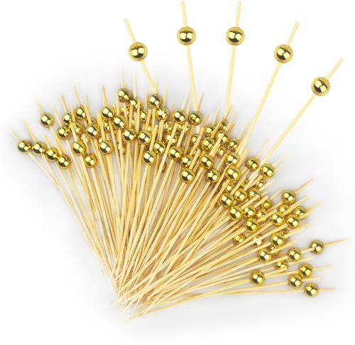 SHSMPXOY 100 Pcs Palitos de Cóctel Perlas Doradas Palillos de cócteles de Bambú Brochetas para Aperitivos Frutas postres para Barbacoa Fiesta San valentín Boda Fiesta Coctelería Pinchos