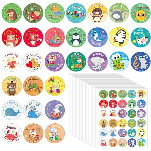 TESSTSY 1200 Stück Runde Tier Aufkleber Tiere 40 Sticker Rolle | Süße Cartoon Belohnungsaufkleber 48 Muster Animal Sticker Tiere, Aufkleber Kinder für Scrapbooking DIY, Lehrerbedarf